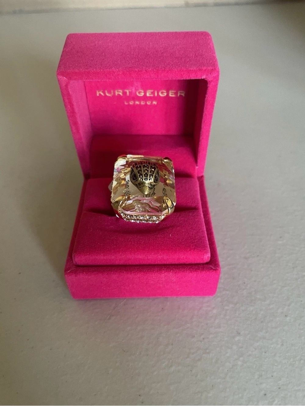 Kurt Geiger Gold Crystal Ring with Clear Stone
